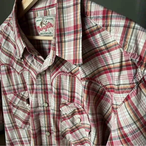 Wrangler Mens Short Sleeve Snap Close Red/white/orange/silver Plaid Shirt Sz XL - Picture 6 of 16